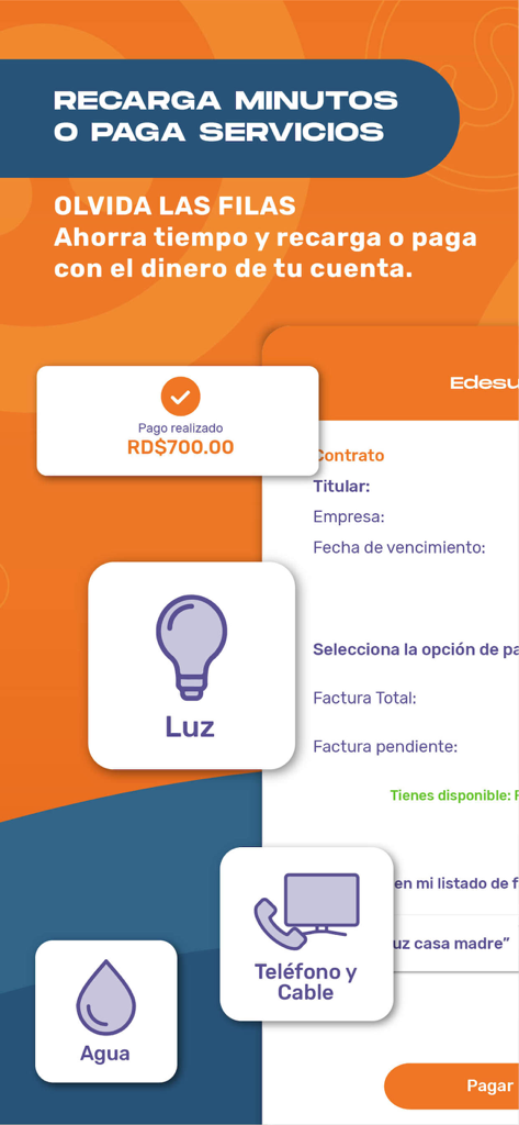 MIO Banreservas Billetera - MIO Banreservas app screen for paying utility bills and recharging mobile minutes