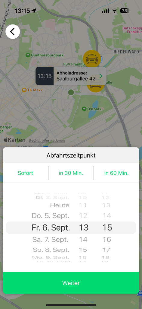 Taxi Deutschland - Taxi Deutschland App-Oberfläche zur Planung einer zukünftigen Fahrt mit einem Datums- und Zeitauswahl in Frankfurt