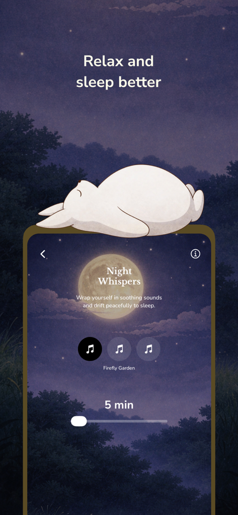 Koda: Cozy Self-Care - A white forest spirit character sleeping on a phone displaying relaxing night sounds