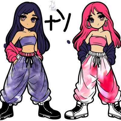 two girls in baggy pants with crop tops