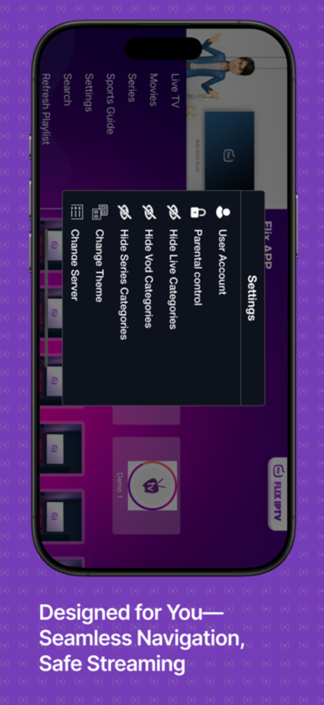 Flix IPTV – m3u IPTV Player - Settings menu of Flix IPTV app with options for parental controls and category management.