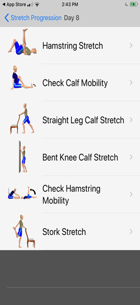 Stretch For Pain Relief Lower - A menu of lower body stretching exercises including hamstring and calf routines in the app.