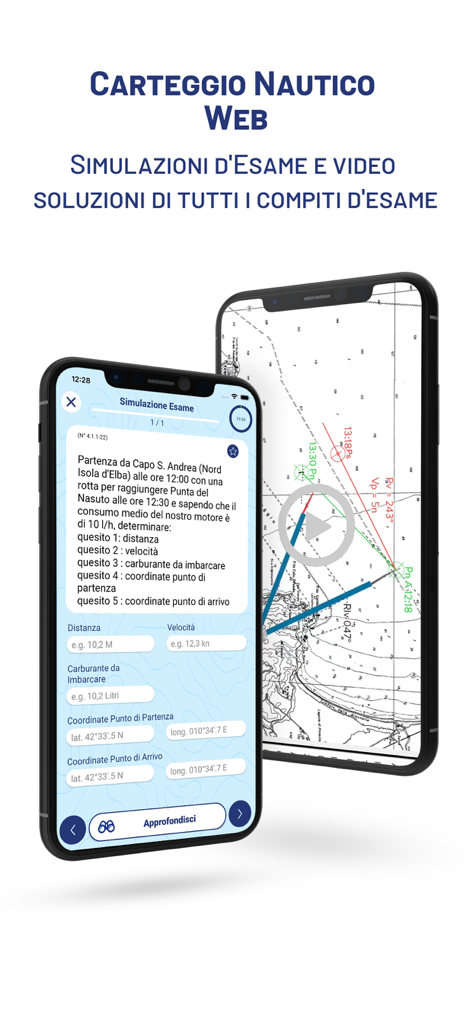 NautiCap - Quiz Patente 2026 - Aplicación NautiCap mostrando simulaciones de examen de cartografía náutica y soluciones en vídeo en pantallas de móvil