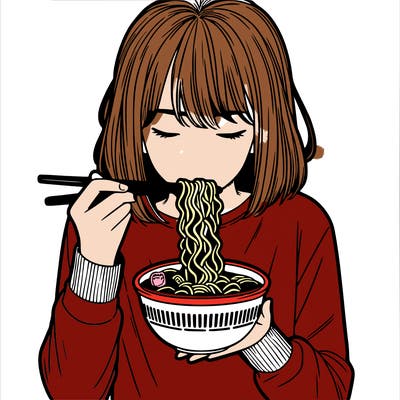a girl realistic eating ramen noodles