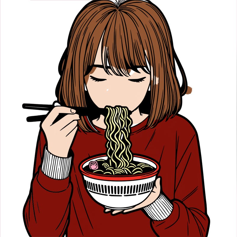a girl realistic eating ramen noodles