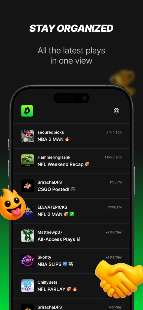 DubClub - DubClub app screen showing organized expert sports betting picks and real time alerts