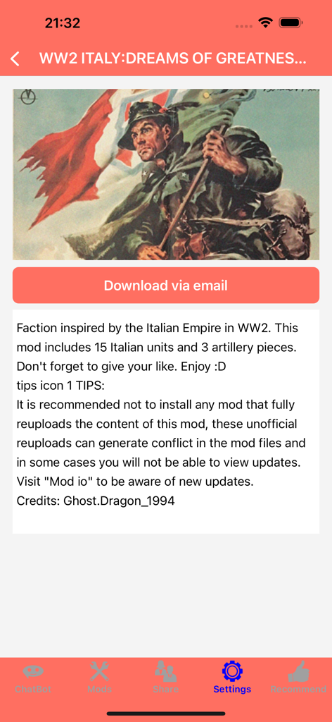 Interface of a TABS mod app showing details for a World War 2 Italy faction mod with a soldier illustration and download button.
