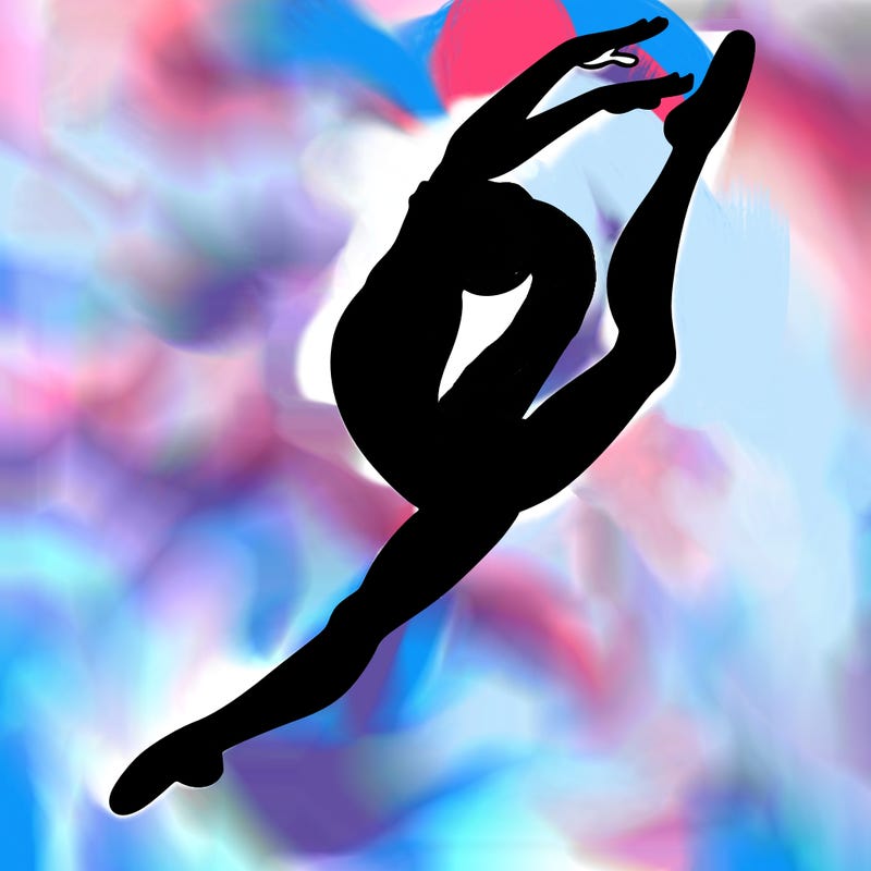 gymnast doing a leap in a leotard with a bent back leg