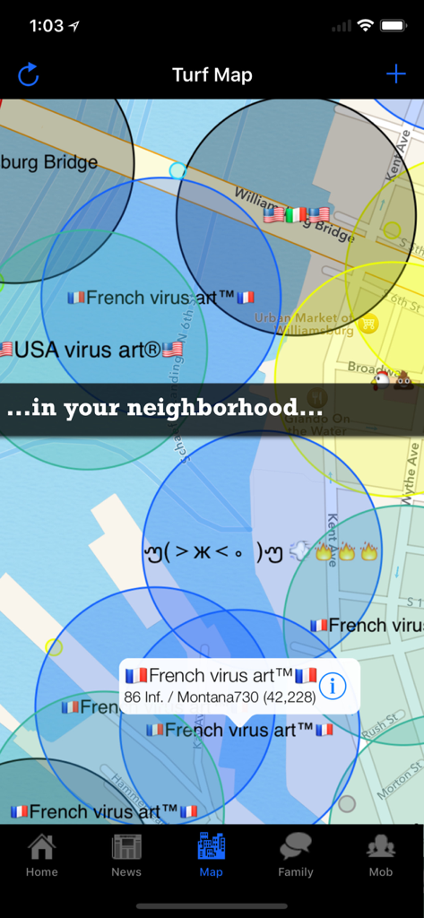 Turf Wars - A screenshot of the Turf Wars mobile game map showing various player territories and claimed locations in a city neighborhood