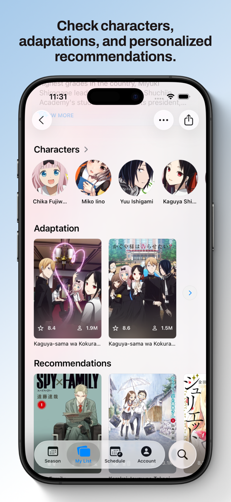 Kitsune for MyAnimeList - Anime details screen in the Kitsune app showing character lists, related adaptations, and series recommendations.