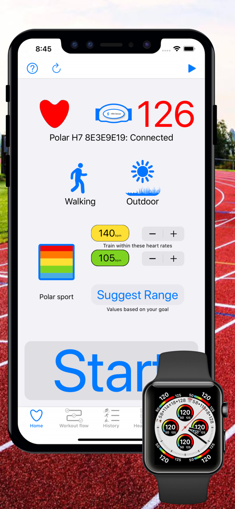 Cardio Zones app interface on iPhone and Apple Watch displaying heart rate data and training zone settings