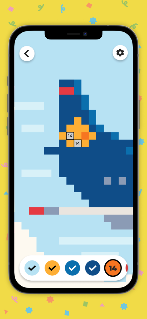 Gameplay der Color Tap App, die zeigt, wie ein Pixel-Art-Flugzeug nach Zahlen ausgemalt wird.