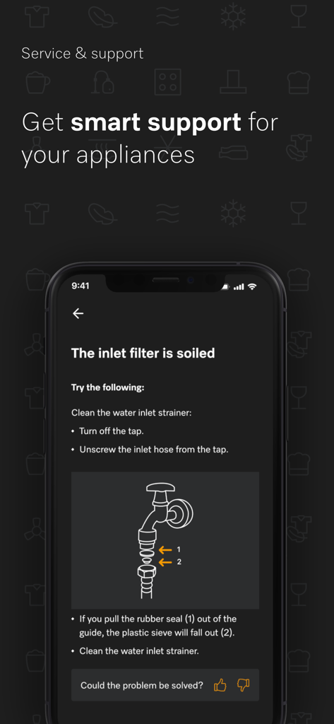 Troubleshooting guide in the Miele app showing how to clean an appliance inlet filter with step by step instructions