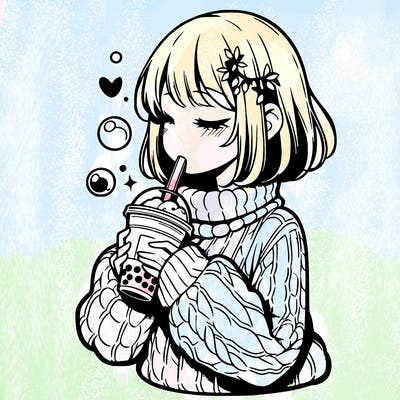 manga girl drinking boba in cozy sweater