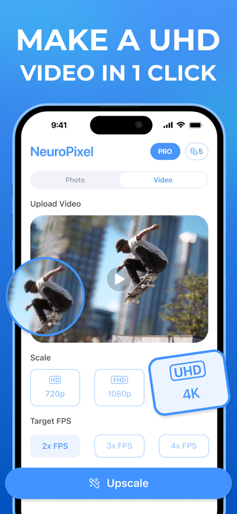 AI Photo Quality Enhancer Аpp - Interfaz de la app móvil NeuroPixel para mejorar un video de skateboarding a calidad 4K UHD con opciones de FPS objetivo.