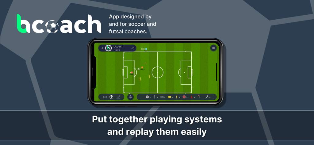 bcoach app showing a soccer tactical whiteboard on a smartphone screen
