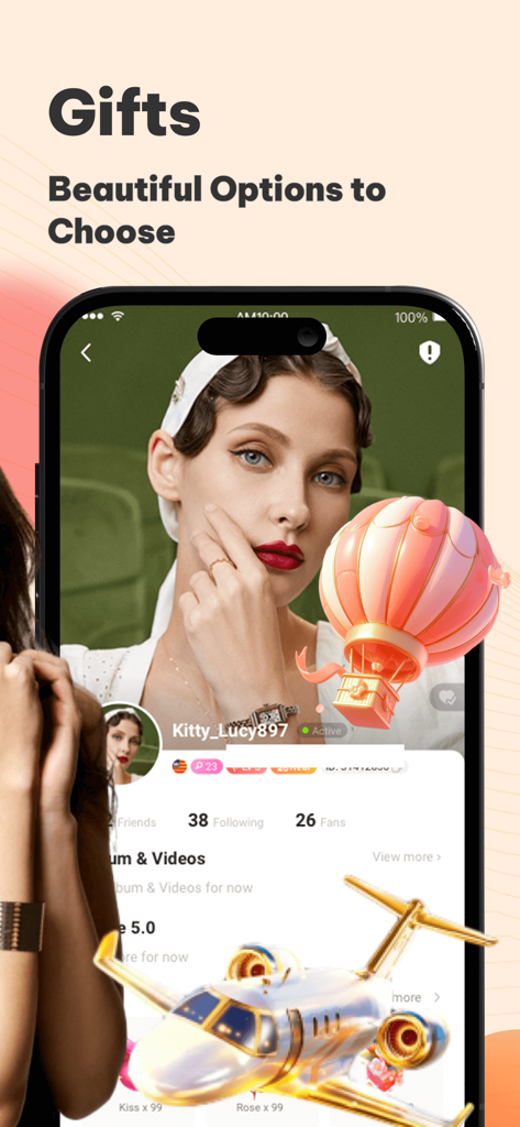 Rilk - Make Funny Friends - Rilk app interface displaying virtual gifts like a hot air balloon and private jet on a user profile