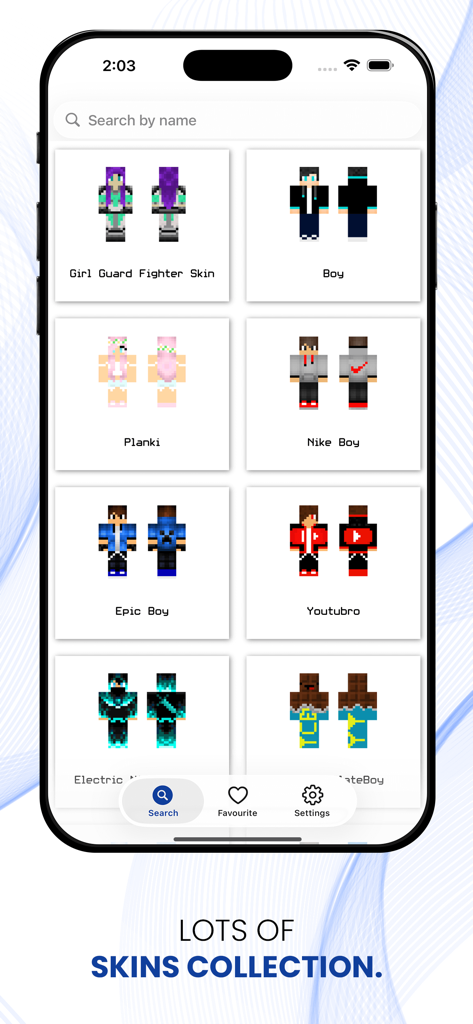 Boy Skins for Minecraft PE ! - A mobile app screen displaying a wide collection of boy skins for Minecraft PE with names like Nike Boy and Epic Boy
