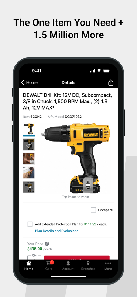 Grainger mobile app product details page showing a DEWALT drill kit with technical specifications and pricing