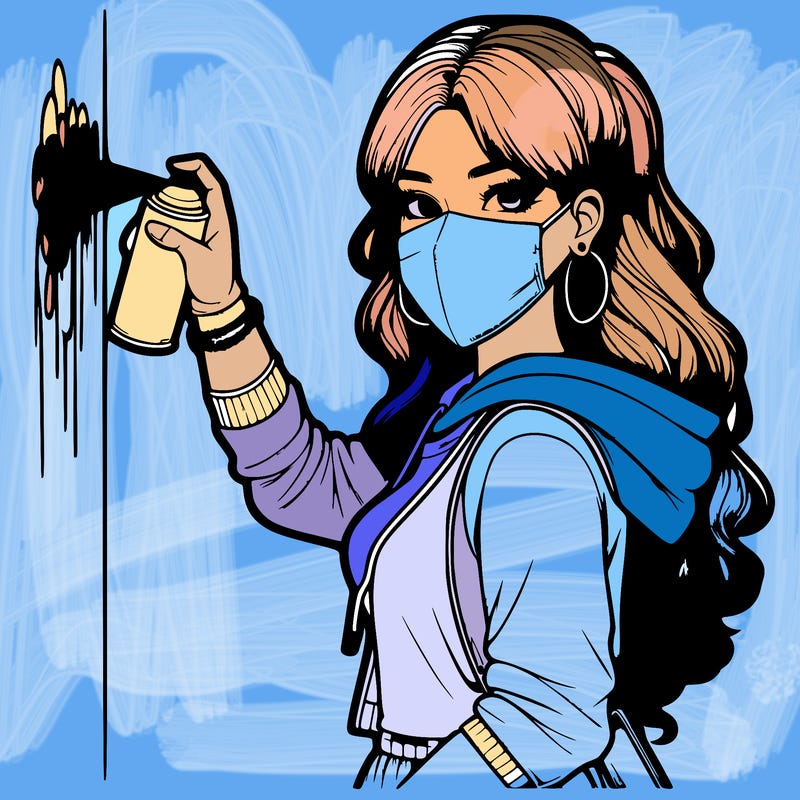 realistic girl with mask spray painting a wall