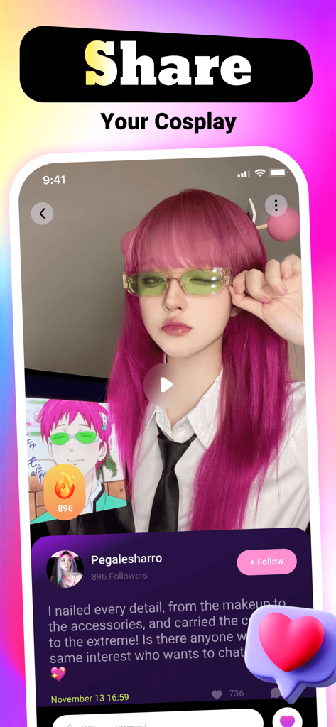 Dress：Video Call，Connect Share - A screenshot of the Dress app showing a user sharing their cosplay with the community.