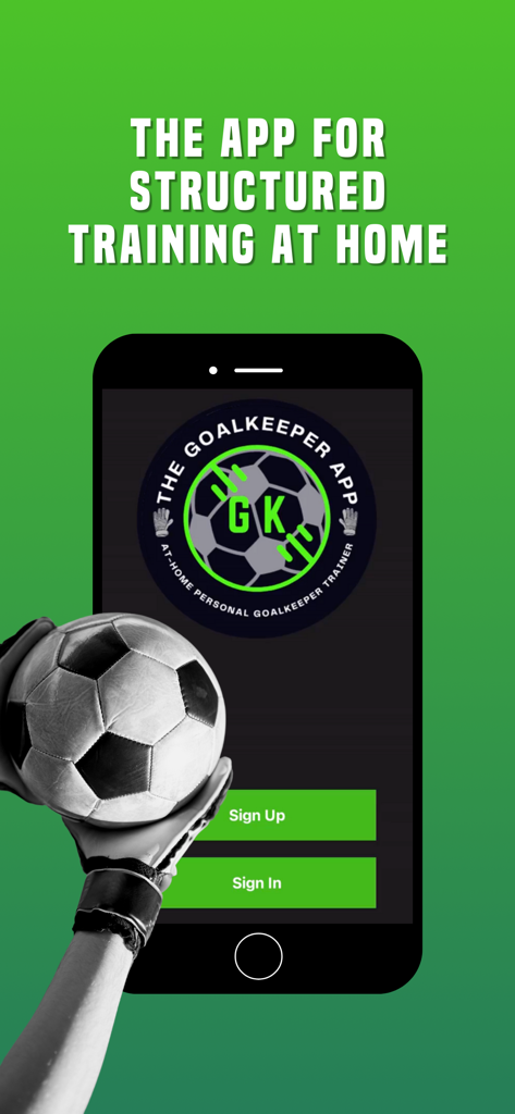 The Goalkeeper App - Ein Smartphone-Bildschirm, der die Anmeldeseite der Torwart-App anzeigt, mit einem Torwart, der einen Fußball im Vordergrund hält