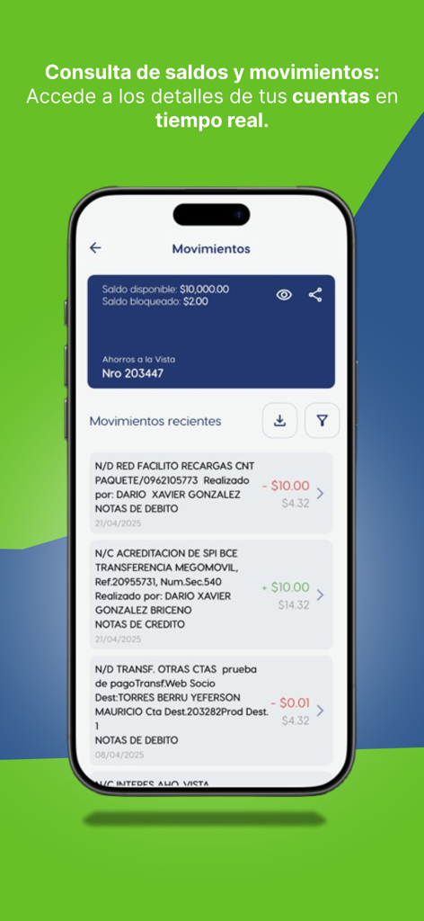 FOCLA Móvil - Pantalla de smartphone mostrando la aplicación FOCLA Movil con saldos de cuenta en tiempo real y una lista de transacciones recientes en español.