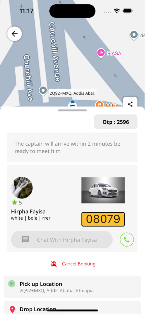 Captura de tela do aplicativo Lift mostrando o rastreamento do motorista e os detalhes da viagem para uma solicitação de corrida