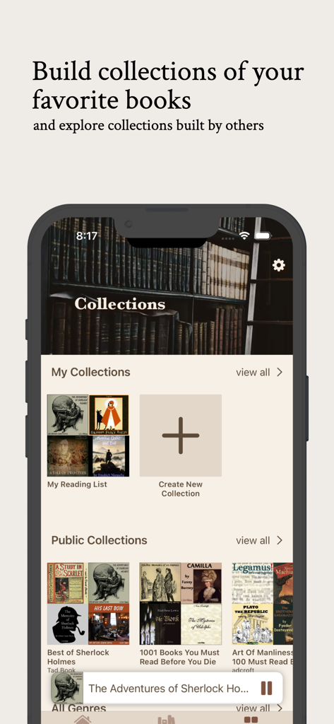 A mobile app screen displaying personal and public audiobook collections with titles like Sherlock Holmes and 1001 Books You Must Read Before You Die.