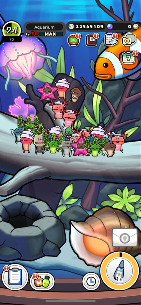 Everyone's Mushroom Garden - Captura de pantalla de jugabilidad de El Jardín de Hongos de Todos que muestra hongos raros en un tema de acuario submarino.