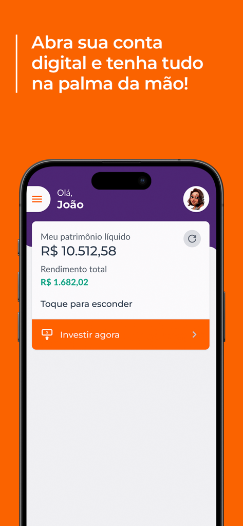 Tela do aplicativo de banco digital Bmg mostrando patrimônio líquido e opções de investimento.