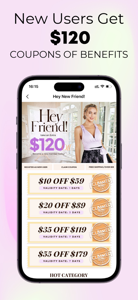 DressLily app screen showing a new user welcome promotion with one hundred and twenty dollars in available coupons and tiered discount codes