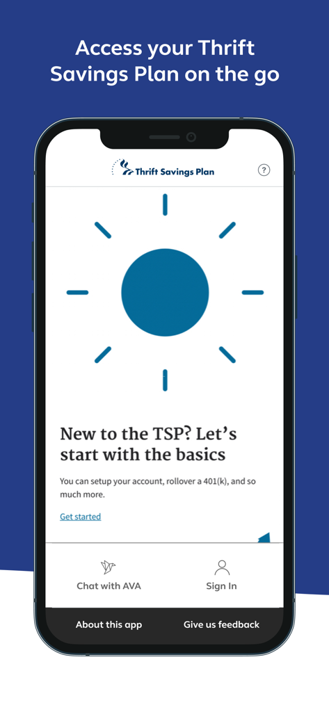 Offizieller Willkommensbildschirm der Thrift Savings Plan App mit Optionen zur Kontoerstellung und Anmeldung