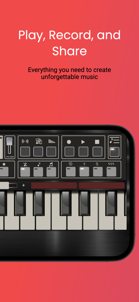 Mobile Org 2025 virtuelle Tastatur-Oberfläche mit Aufnahme- und Wiedergabesteuerung auf rotem Hintergrund