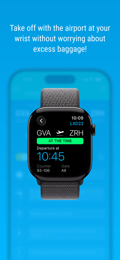 Apple Watch che visualizza lo stato del volo in tempo reale da Ginevra a Zurigo sull'app GVApp