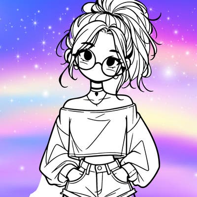 girl with a messy ponytail glasses a baggy crop top and jean shorts