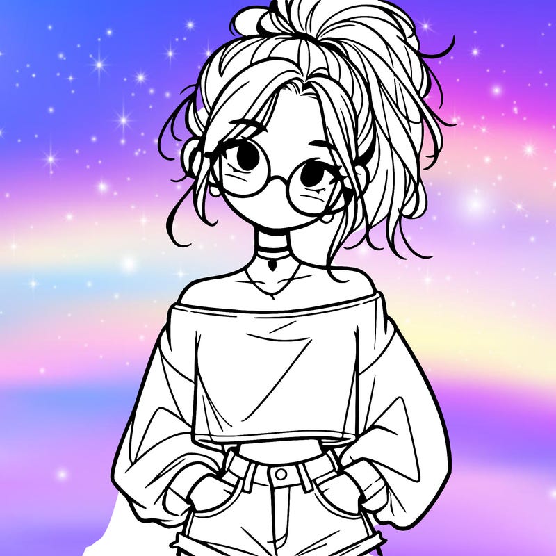 girl with a messy ponytail glasses a baggy crop top and jean shorts