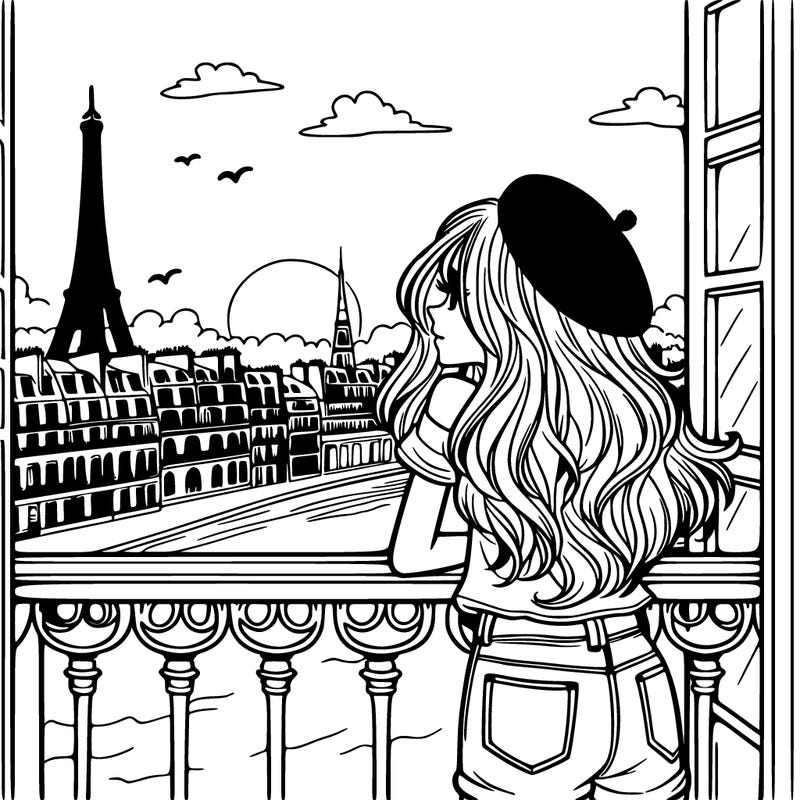 teen girl standing on a balcony in paris with a sunset