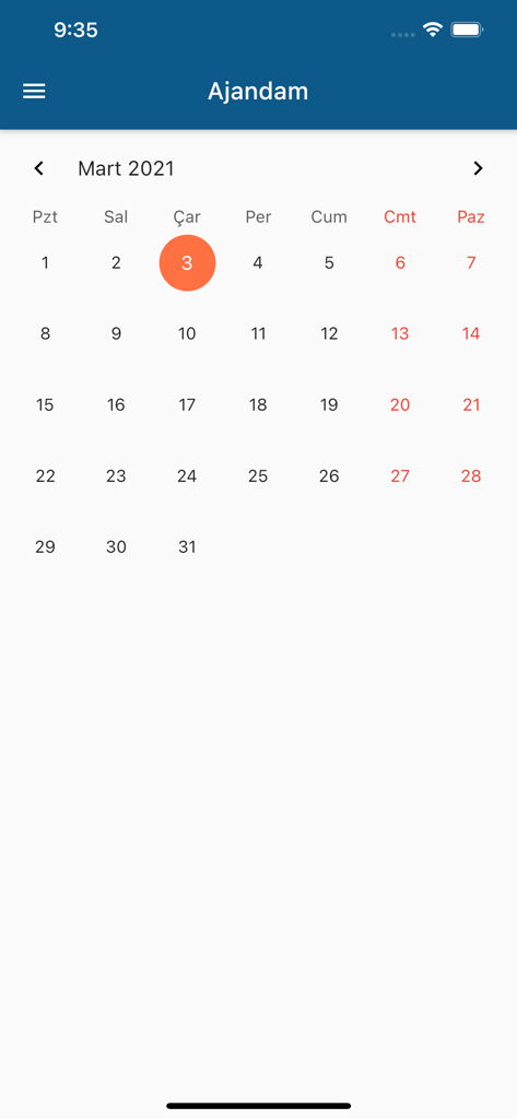 A tela da agenda no aplicativo e-Adalet Vatandas, mostrando um calendário para rastrear datas de audiências judiciais