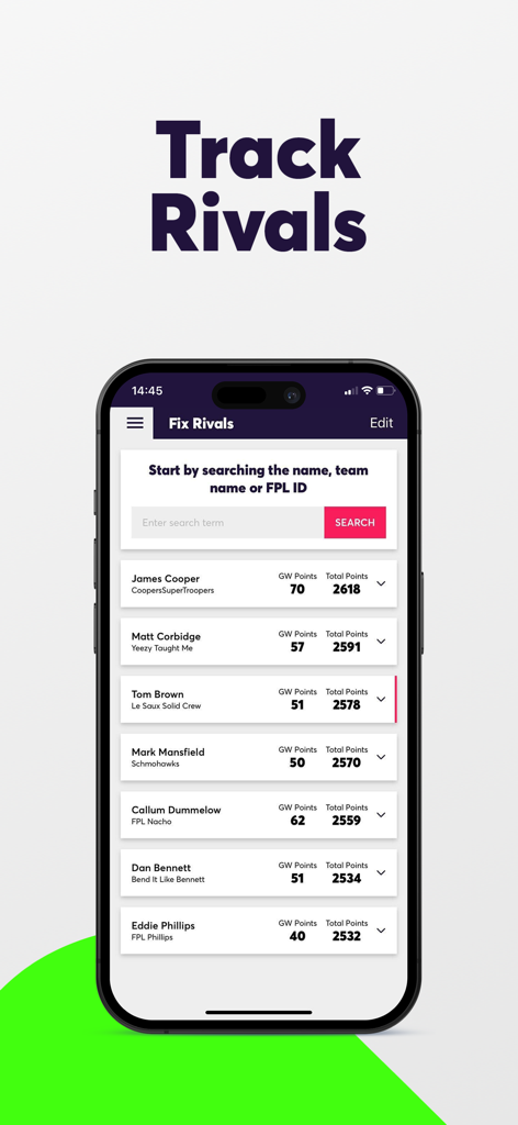 Fantasy Football Fix for FPL - A mobile app interface showing the Fix Rivals feature for tracking Fantasy Premier League opponents and their points