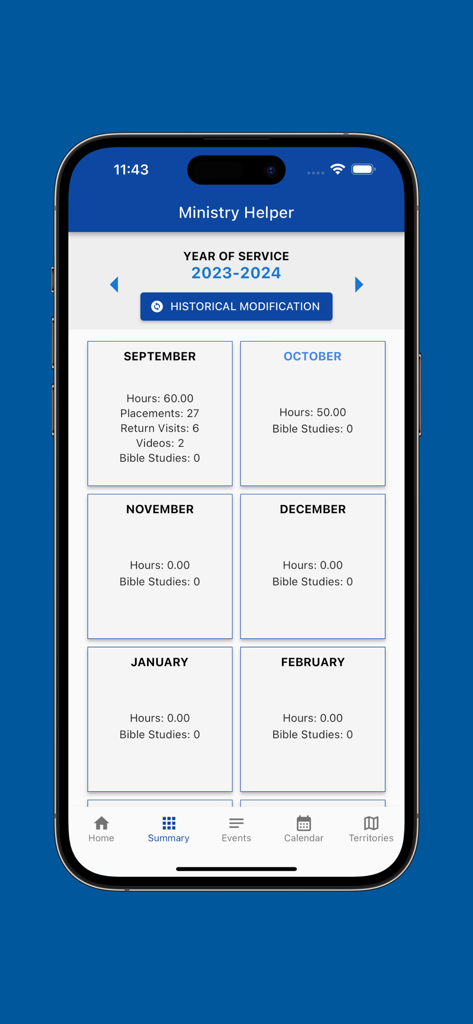 Aplicativo Ministry Helper mostrando um resumo dos relatórios mensais de serviço de campo, incluindo horas e publicações