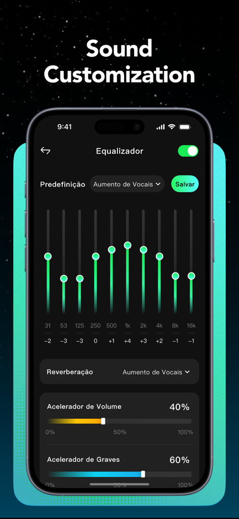Offline Music Player & MP3 AAC - Smartphone screen showing audio equalizer settings and bass boost controls for the offline music player app