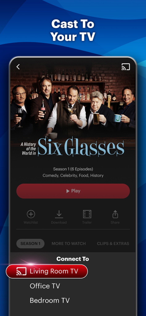 Fox Nation - Fox Nation app display showing the cast to TV feature and device selection menu.