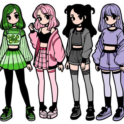 one girl with crop-top shirt and a jacket with a skirt, long socks and another girl with a shirt and pants with a jacket