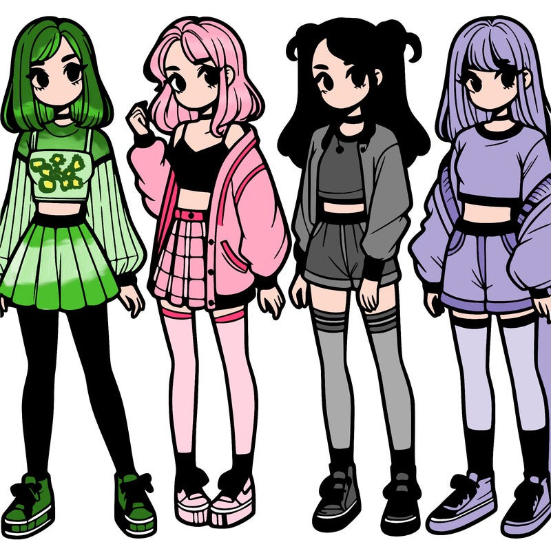 one girl with crop-top shirt and a jacket with a skirt, long socks and another girl with a shirt and pants with a jacket