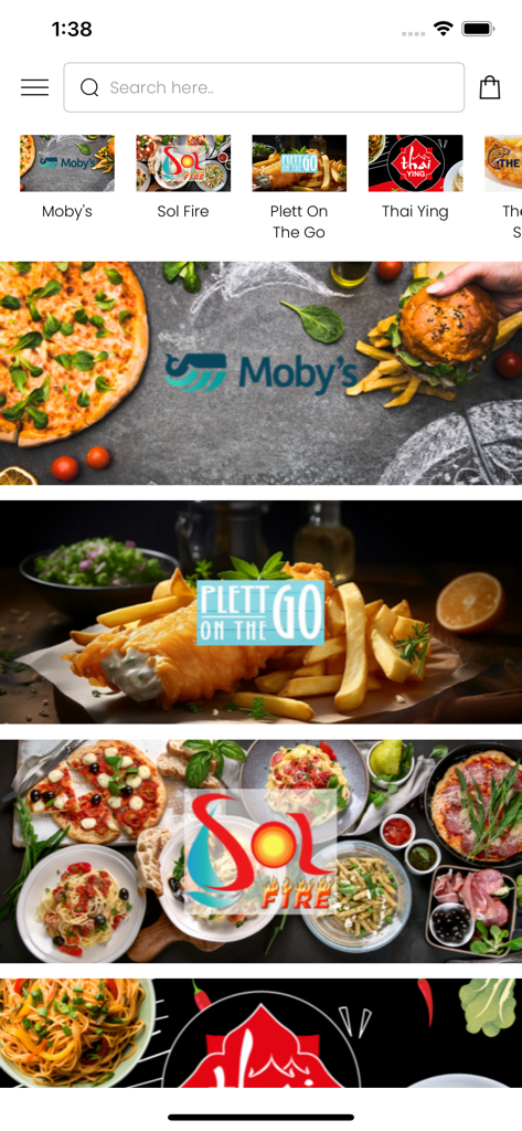 Plett Deliveries - Home screen of the Plett Deliveries app showing a list of local restaurants and food banners