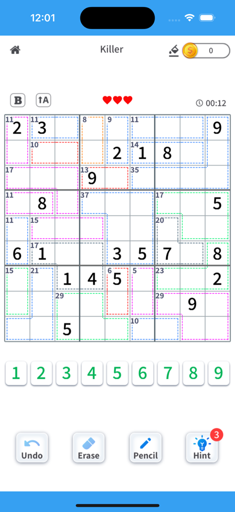 Sudoku Plus: Classic & Killer - A clean mobile interface of Sudoku Plus showing a Killer Sudoku puzzle grid with logic cages and editing tools.