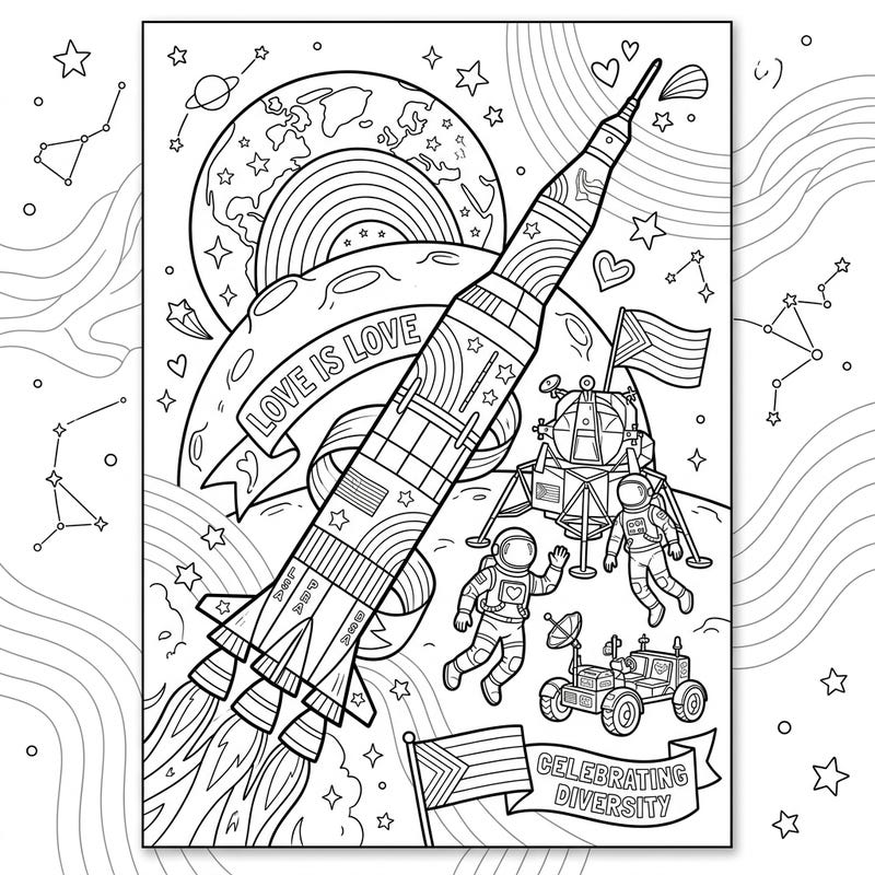 Embark on an extraordinary coloring journey where the wonders of space meet the vibrant spirit of Pride. This page beautifully merges iconic Apollo Missions imagery with powerful symbols of love and diversity.