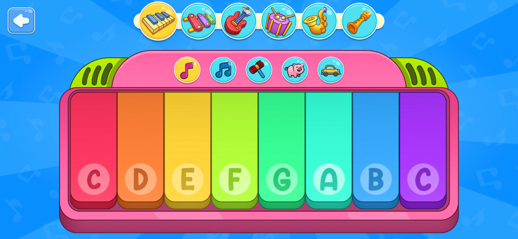 Baby Piano, Drums, Xylo & more - Colorful rainbow xylophone interface for toddlers with lettered keys and musical instrument icons.