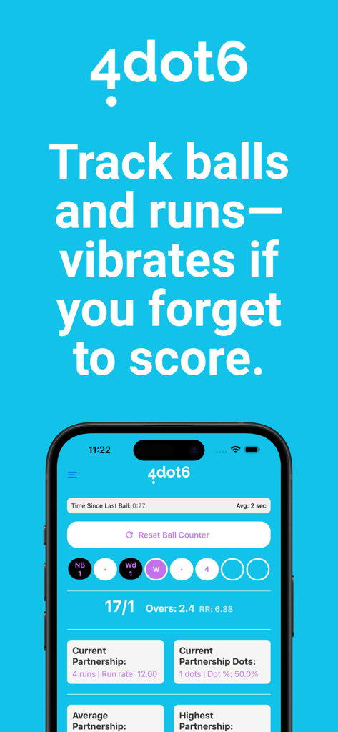 Cricket Umpire Ball Counter - Interface of the 4dot6 Cricket Umpire Ball Counter app showing ball tracking and partnership statistics